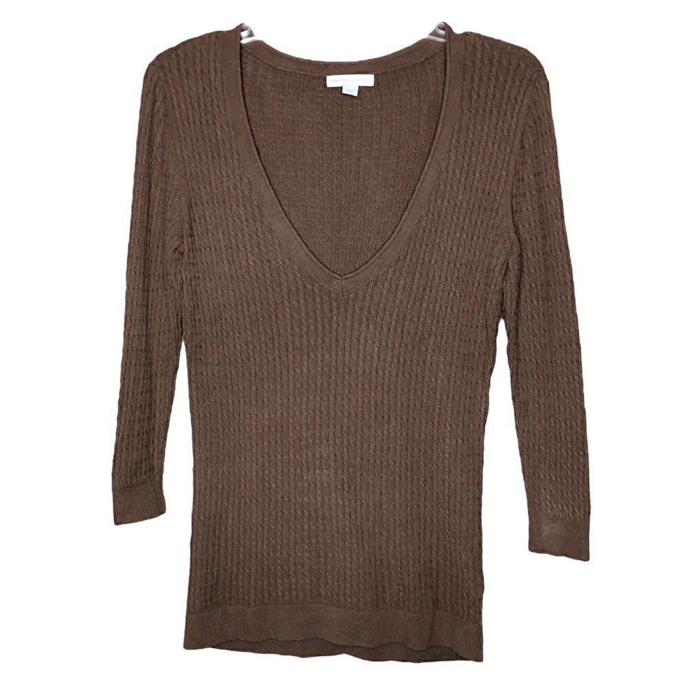 NEW YORK & COMPANY - Brown Lightweight Cable Knit Sweater V-Neck - Size Medium